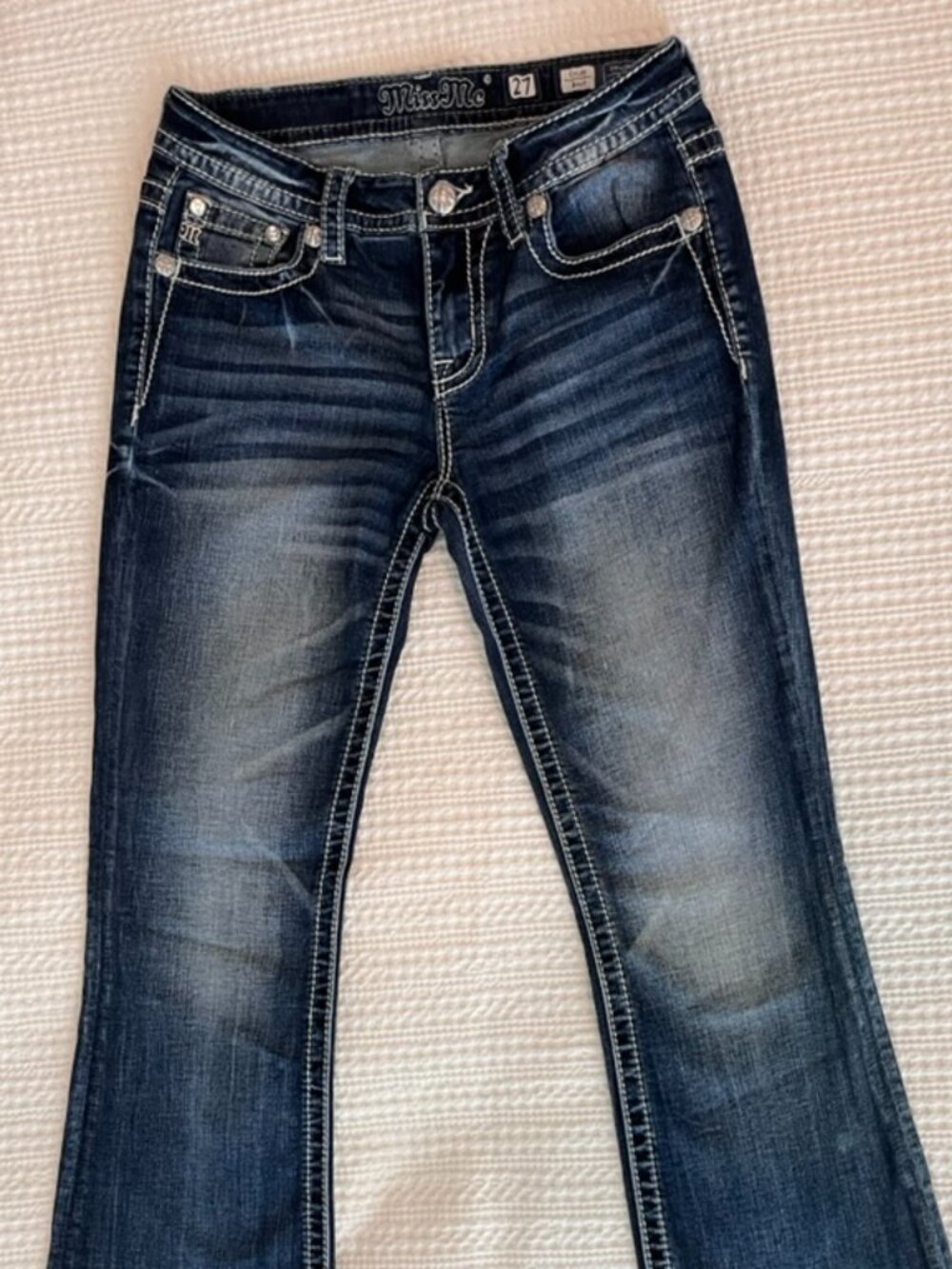 Miss Me Jeans | Size 27 | Medium Blue Denim | Rhinestones & Metallic Stitching